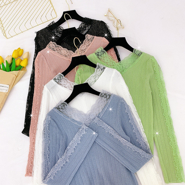 Pulover de dama modern cu dantela si decolteu spitz in mai multe culori