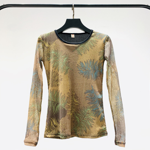 Őszi női blúz rátéttel, kerek nyakkivágással