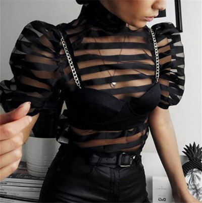 Κομψή γυναικεία μαύρη μπλούζα με φαρδιά μανίκια και κορδέλα