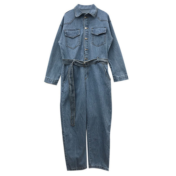 Γυναικεία τζιν ολόσωμη φόρμα με ζώνη σε μπλε χρώμα