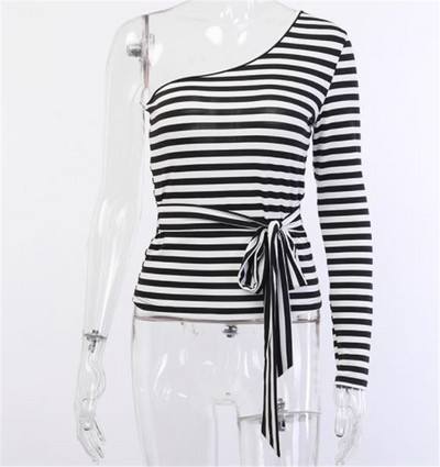 Καθημερινή γυναικεία ριγέ μπλούζα με ένα μανίκι και κορδόνι