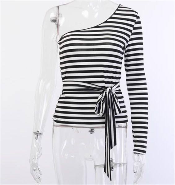 Καθημερινή γυναικεία ριγέ μπλούζα με ένα μανίκι και κορδόνι