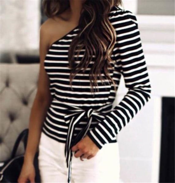 Καθημερινή γυναικεία ριγέ μπλούζα με ένα μανίκι και κορδόνι