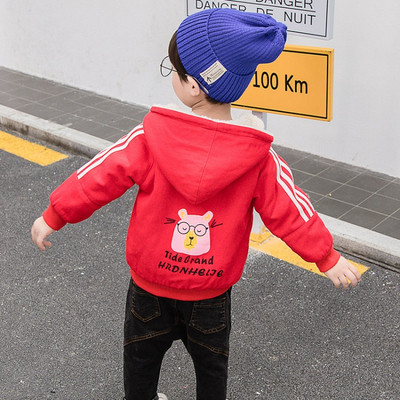 Μοντέρνο παιδικό μπουφάν με μαλακή επένδυση, εφαρμογή και κουκούλα σε μαύρο, μπεζ, κίτρινο, κόκκινο και πράσινο χρώμα