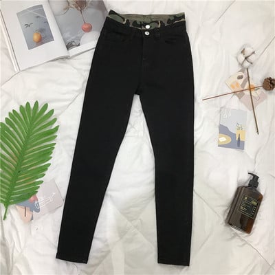 Blugi casual de dama, model fiti cu motive de camuflaj in albastru si negru