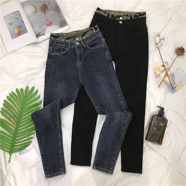 Blugi casual de dama, model fiti cu motive de camuflaj in albastru si negru