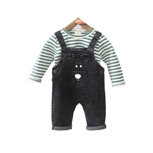 Set copii modern pentru baieti bluza cu dungi din doua piese + salopeta albastru si negru