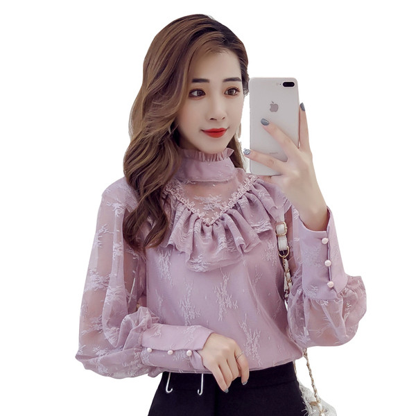 Cămașă elegantă de damă cu bucle și dantelă în negru, mov și galben