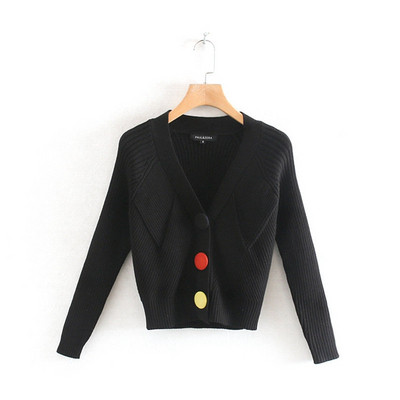 Cardigan scurt de dama realizat din tricotat subtire de culoare neagra si nasturi colorati