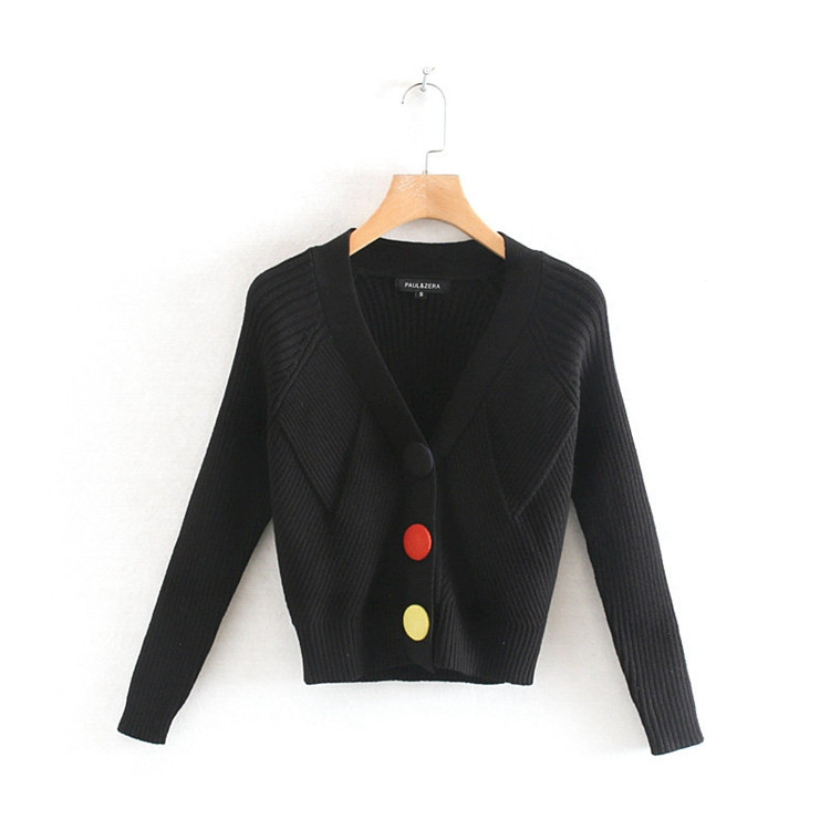 Cardigan scurt de dama realizat din tricotat subtire de culoare neagra si nasturi colorati