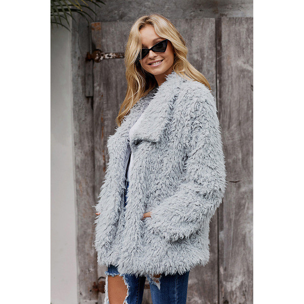 Модерно дамско пухено палто в сив и кафяв цвят