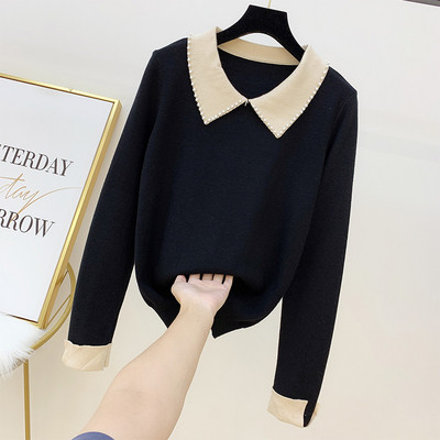 Pulover de dama modern cu guler si perle in mai multe culori