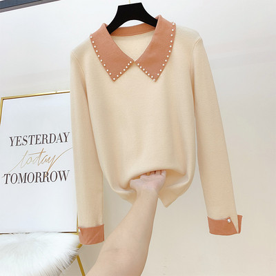 Pulover de dama modern cu guler si perle in mai multe culori