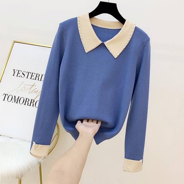 Pulover de dama modern cu guler si perle in mai multe culori