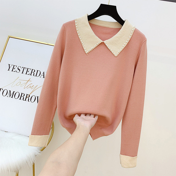 Pulover de dama modern cu guler si perle in mai multe culori