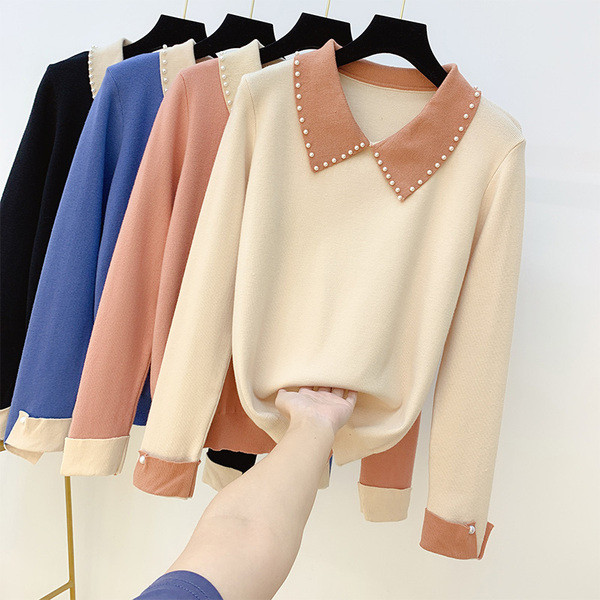Pulover de dama modern cu guler si perle in mai multe culori
