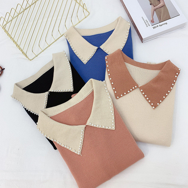 Pulover de dama modern cu guler si perle in mai multe culori