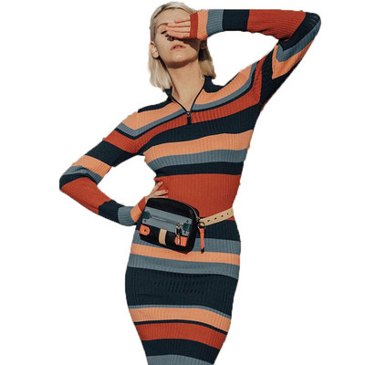 Rochie dama in dungi Model subtire cu maneci lungi