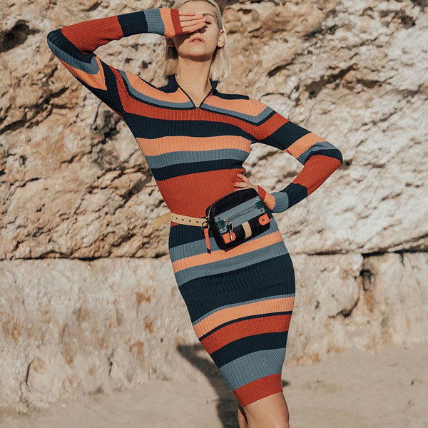 Rochie dama in dungi Model subtire cu maneci lungi