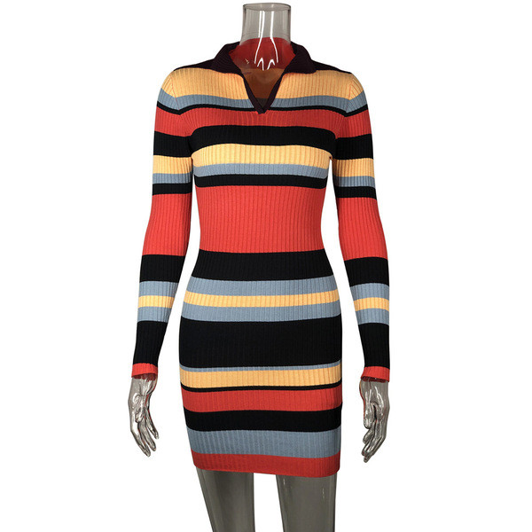 Rochie dama in dungi Model subtire cu maneci lungi