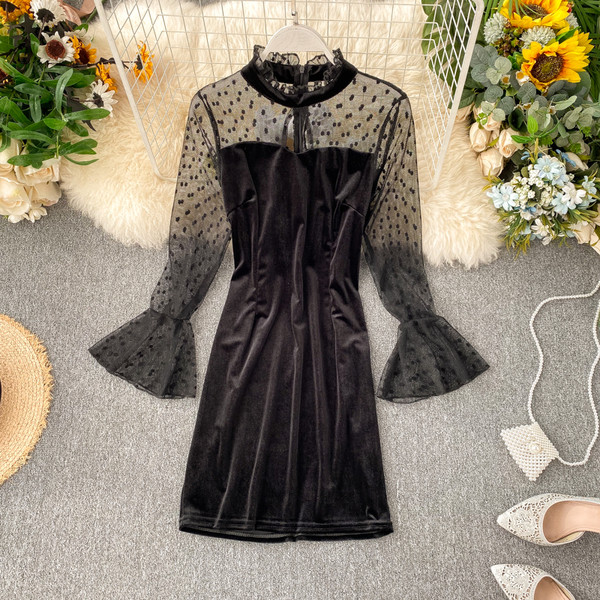 Rochie de dama moderna din catifea de culoare neagra