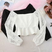 Bluză de damă modernă cu mâneci din dantelă în alb și negru