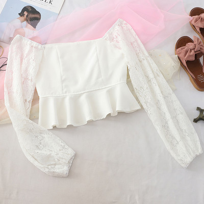 Bluză de damă modernă cu mâneci din dantelă în alb și negru