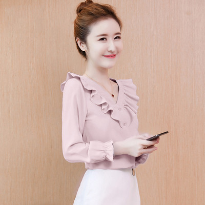 Cămașă elegantă de damă cu decolteu în V și bucle în albastru, roz și alb