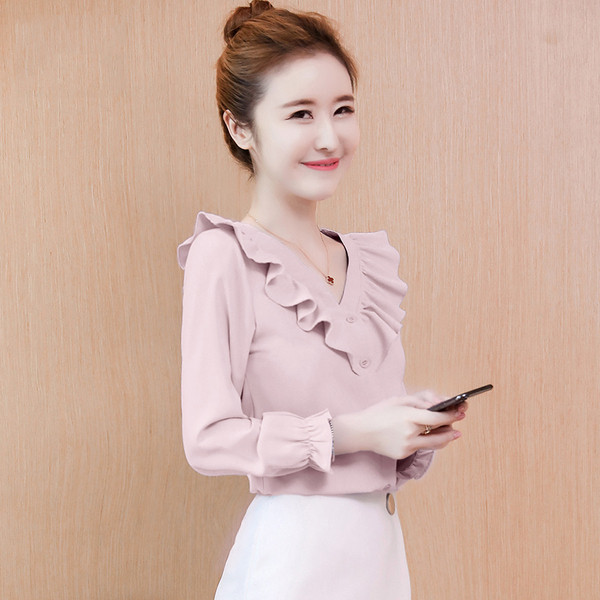 Cămașă elegantă de damă cu decolteu în V și bucle în albastru, roz și alb