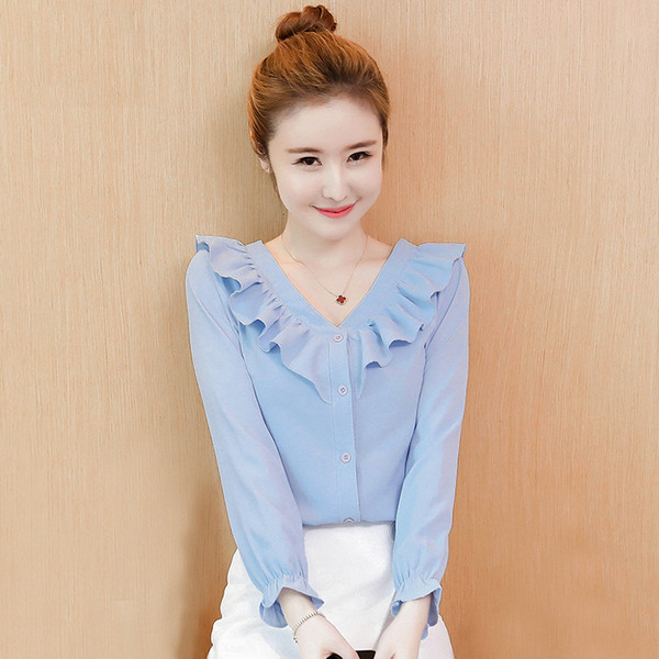 Cămașă elegantă de damă cu decolteu în V și bucle în albastru, roz și alb