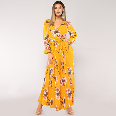 Μοντέρνο γυναικείο φόρεμα μακρύ με δεσμούς μέσης και floral μοτίβο σε διάφορα χρώματα