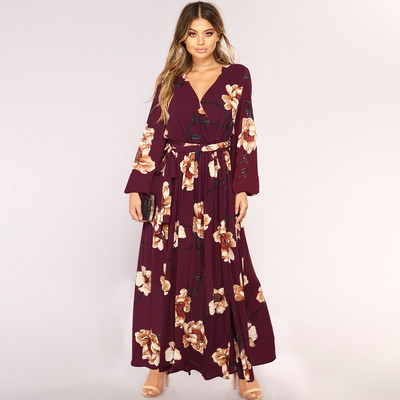 Μοντέρνο γυναικείο φόρεμα μακρύ με δεσμούς μέσης και floral μοτίβο σε διάφορα χρώματα