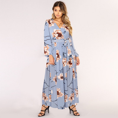 Μοντέρνο γυναικείο φόρεμα μακρύ με δεσμούς μέσης και floral μοτίβο σε διάφορα χρώματα