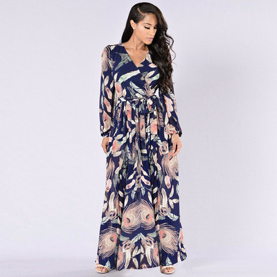 Μοντέρνο γυναικείο φόρεμα μακρύ με δεσμούς μέσης και floral μοτίβο σε διάφορα χρώματα