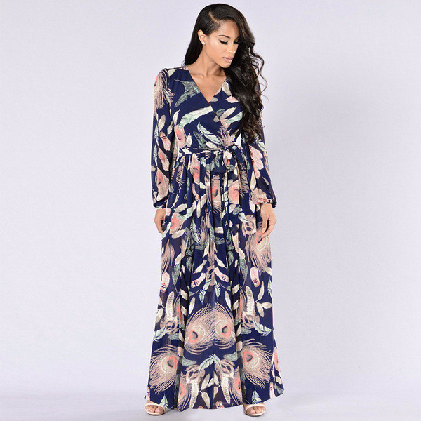 Μοντέρνο γυναικείο φόρεμα μακρύ  με δεσμούς μέσης και floral μοτίβο σε διάφορα χρώματα