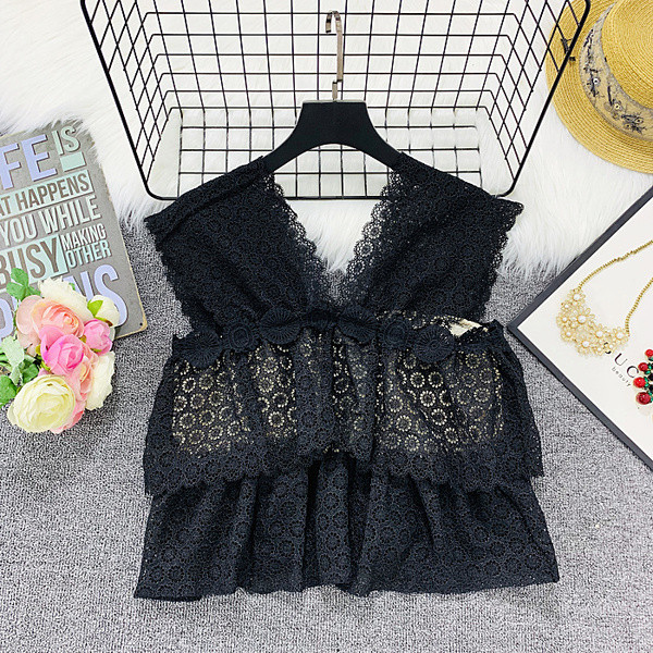 Γυναικείο κομψό αμάνικο από δαντέλα κοντό μοντέλο σε μαύρο σε μαύρο χρώμα