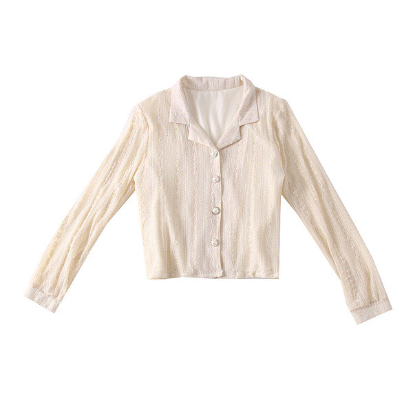 Cămașă modernă de damă cu decolteu spitz, nasturi și mâneci lungi în alb, negru și bej