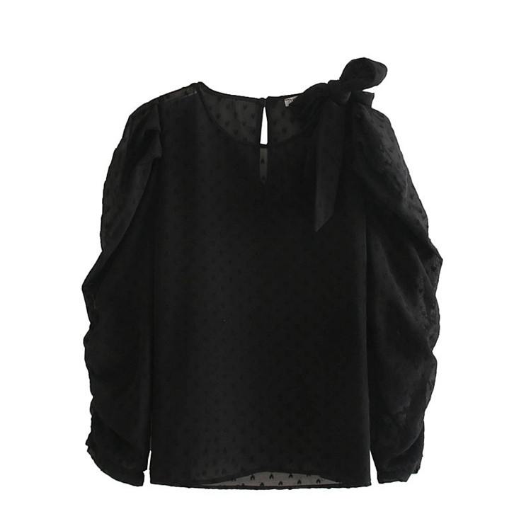 Γυναικεία μαύρη μπλούζα σιφόν με κορδέλα και μανίκι 7/8