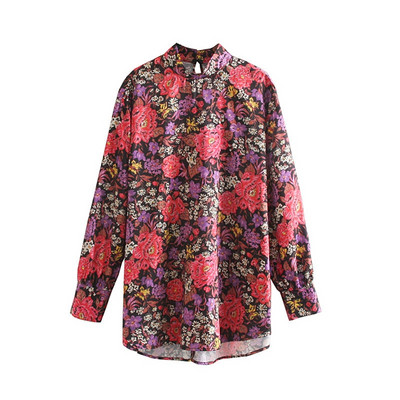 Κομψή γυναικεία μπλούζα με λουλουδάτο πριντ και μακρύ μανίκι