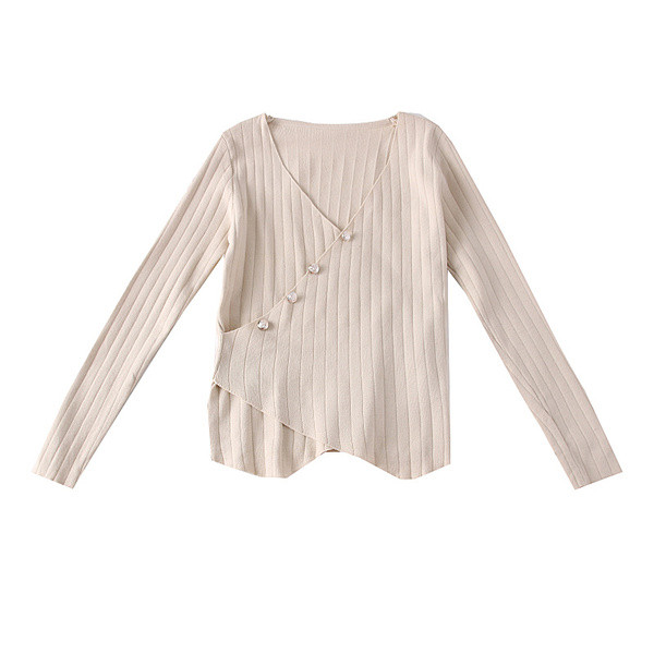 Pulover de dama modern cu decolteu spitz si nasturi in negru, rosu, galben, gri si bej