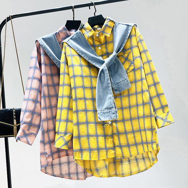 Női alkalmi kockás ing - hosszú modell fehér, rózsaszín és sárga színben