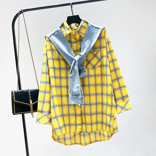 Női alkalmi kockás ing - hosszú modell fehér, rózsaszín és sárga színben