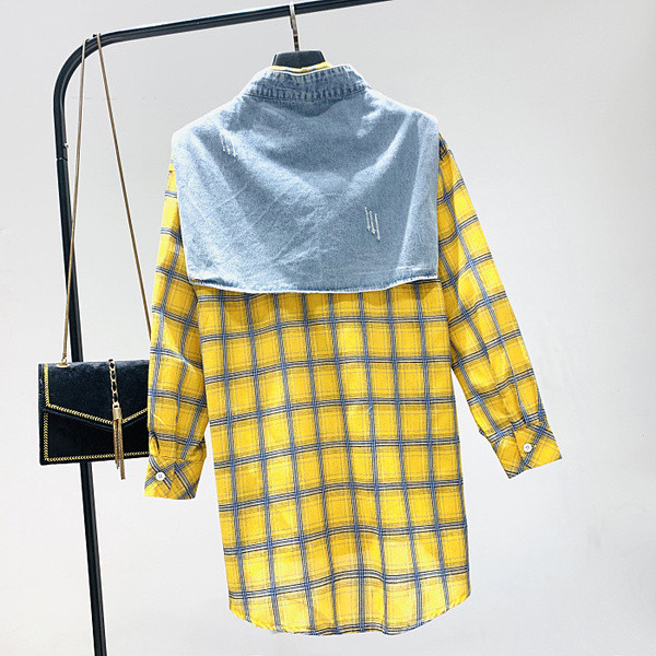 Női alkalmi kockás ing - hosszú modell fehér, rózsaszín és sárga színben