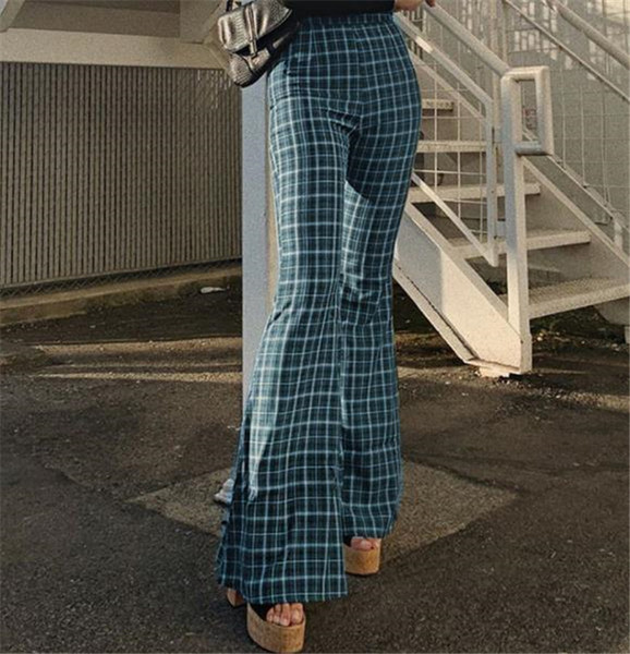 Pantaloni de dama moderni in carouri cu talie inalta