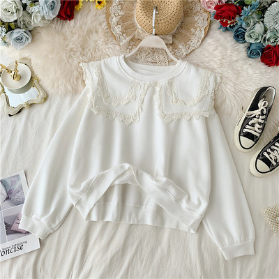 Γυναικεία casual μπλούζα με μακρύ μανίκι με δαντέλα σε κόκκινο, καφέ και λευκό χρώμα