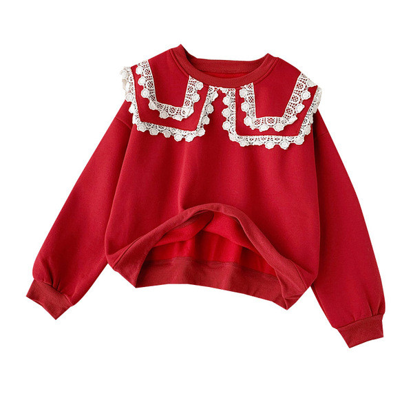 Γυναικεία casual μπλούζα με μακρύ μανίκι με δαντέλα σε κόκκινο, καφέ και λευκό χρώμα