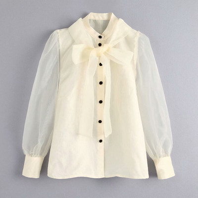 Camasa de dama eleganta din sifon cu panglica in alb