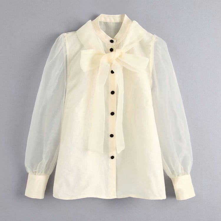 Camasa de dama eleganta din sifon cu panglica in alb