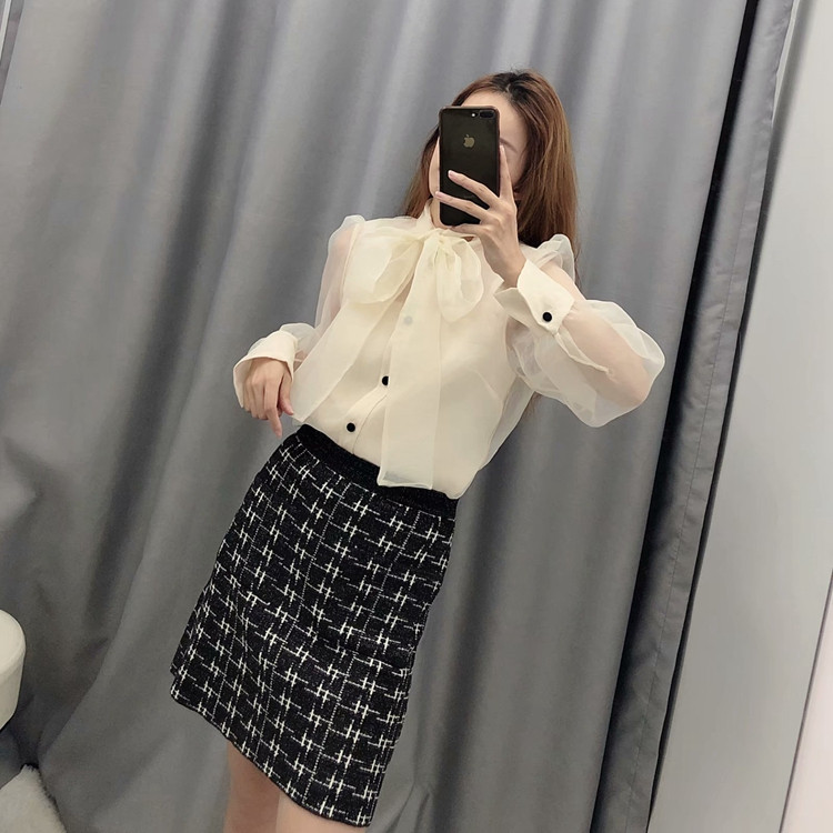 Camasa de dama eleganta din sifon cu panglica in alb