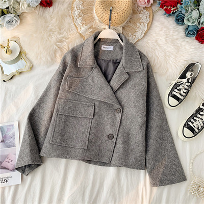 Дамско ежедневно палто с копчета и джоб в бежов,сив и кафяв цвят